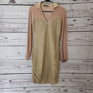 Lux La Lurex Mesh Contrast Mini Dress - Gold/Nude - Large NWOT
